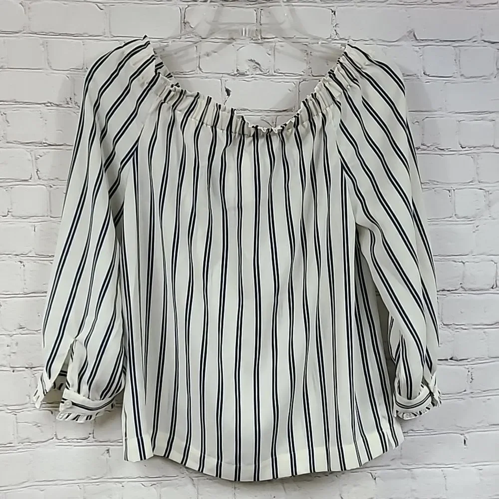 J.Crew Navy Stripe Off Shoulder Blouse Bow Tie Women’s XS Nautical Preppy Top